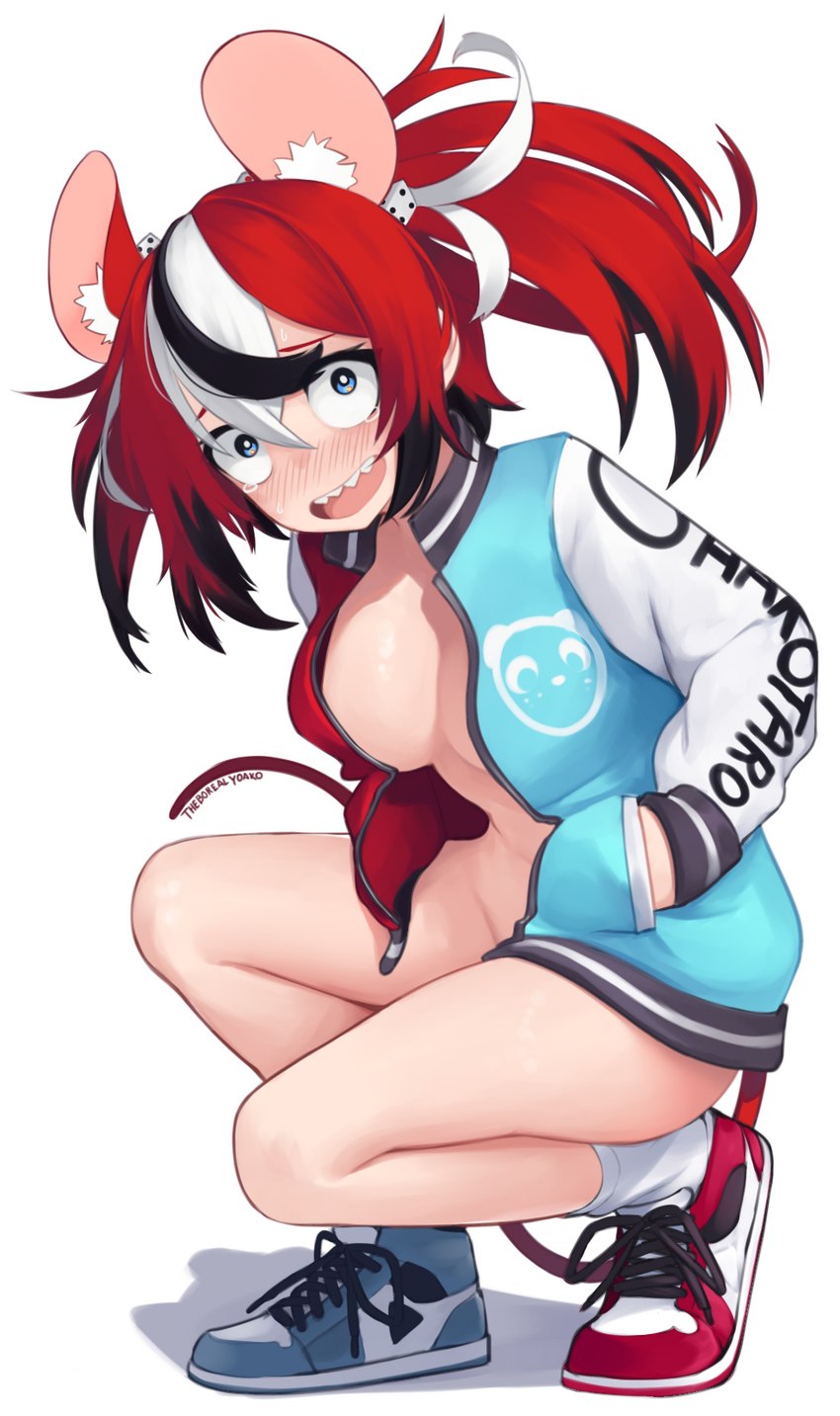 blush breasts clothed clothing crouching female footwear hair jacket open_clothing open_jacket open_mouth open_smile open_topwear red_hair sharp_teeth shoes simple_background smile solo teeth topwear white_background yoako hololive hololive_en vtuber hakos_baelz animal_humanoid humanoid mammal mammal_humanoid murid murid_humanoid murine murine_humanoid rat_humanoid rodent rodent_humanoid 2022 digital_media_(artwork) hi_res