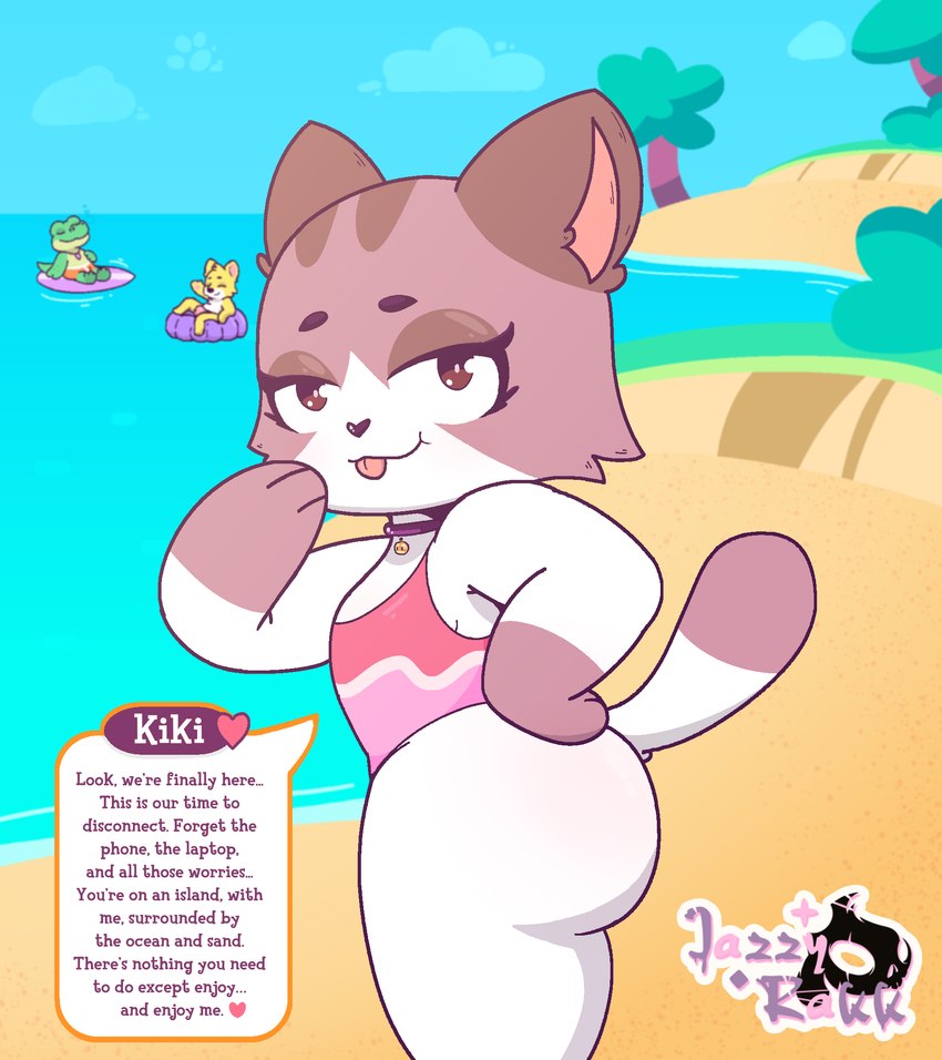 anthro beach blush butt chibi clothing female fur looking_at_viewer one-piece_swimsuit simple_background smile solo speech_bubble swimwear tail text thick_thighs tropical wide_hips jazzyrakk hyperbeard_games kiki's_vacation brad_(kiki's_vacation) kiki_(kiki's_vacation) wawa_(kiki's_vacation) domestic_cat felid feline felis mammal digital_media_(artwork) english_text hi_res