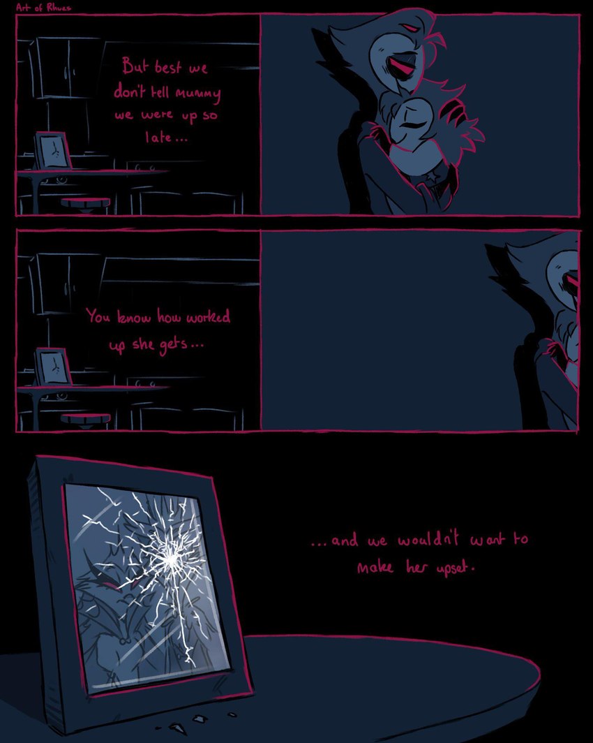 anthro black_eye_(injury) broken_glass bruised carrying_another carrying_partner carrying_person clothed clothing comic_panel domestic_abuse domestic_violence duo female glass male pink_text shattered text three_frame_image artofrhues helluva_boss octavia_(helluva_boss) stella_(helluva_boss) stolas_(helluva_boss) avian bird demon owl comic hi_res