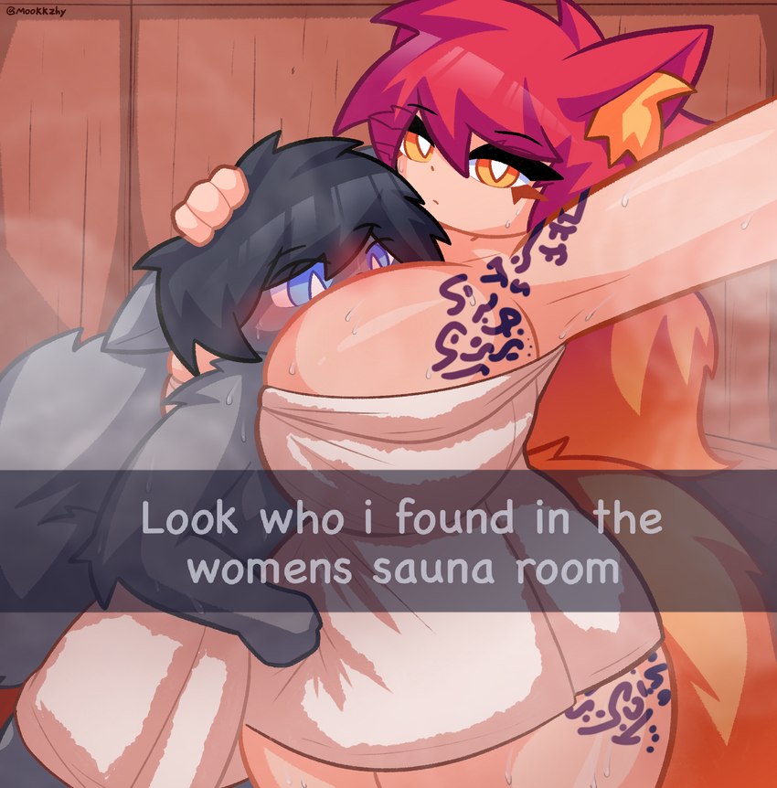 anthro big_breasts big_butt blush breasts butt clothed clothing duo female fur hair hug huge_breasts huge_butt interspecies larger_female looking_at_viewer male male/female not_furry nude sauna size_difference tail tattoo text thick_thighs towel towel_around_waist towel_only towel_wrap wide_hips mookkzhy snapchat fan_character animal_humanoid canid canine fox human humanoid mammal mammal_humanoid digital_media_(artwork) english_text hi_res portrait