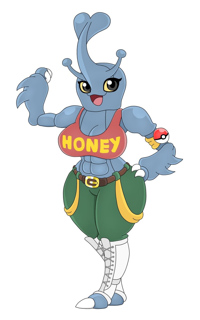 antenna_hair anthro armwear belt big_breasts black_eyes blue_body bottomwear breasts clothing female hair horn legwear muscular muscular_female pants pokeball shirt simple_background solo topwear white_background urusee584 nintendo pokemon arthropod generation_2_pokemon heracross pokemon_(species) hi_res