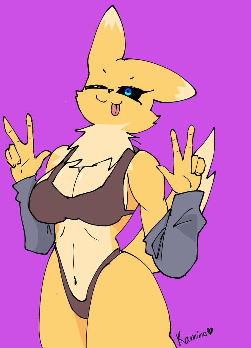 5_fingers anthro black_sclera breasts clothing female female_anthro fingers front_view fur navel one_eye_closed pose simple_background solo tail thong tongue tongue_out topwear underwear yellow_body yellow_fur kamino1 bandai_namco digimon digimon_(species) renamon 2025 hi_res pinup portrait