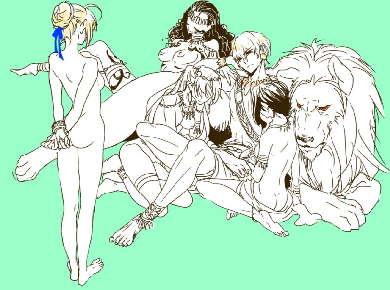 breasts butt female feral group male nude kettle21 fate_(series) type-moon archer_gilgamesh artoria_pendragon saber_artoria_pendragon felid human lion mammal pantherine