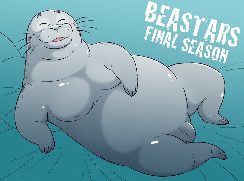 anthro belly flaccid genitals grey_body lying male moobs nipples nude on_side overweight penis pupils slit_pupils smile solo teiso_dog whiskers beastars sagwuan_(beastars) mammal marine pinniped seal