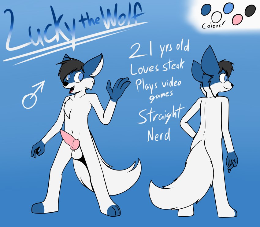 anthro balls genitals male penis solo stated_heterosexuality stated_sexuality text mr_rottson lucky_wolf canid canine canis mammal wolf english_text flat_colors hi_res model_sheet