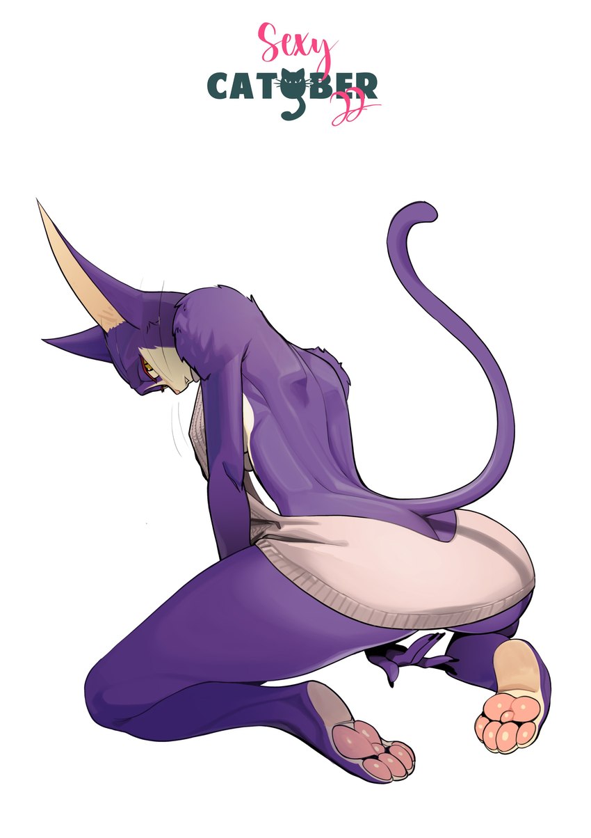 4_toes anthro arm_tuft bare_back barefoot bedroom_eyes big_butt big_ears biped butt butt_cleavage clothing countershade_feet countershading feet female fingering hindpaw kneeling long_ears long_tail looking_at_viewer looking_back narrowed_eyes pawpads paws pink_pawpads plantigrade pose purple_body rear_view seductive shoulder_tuft simple_background soles solo spread_legs spreading sweater tail thick_thighs thin_tail toes topwear tuft virgin_killer_sweater whiskers white_background wide_hips yellow_eyes feliscede .hack catober catober_2022 cyberconnect2 meme_clothing mia_(.hack) domestic_cat felid feline felis mammal 2022 absurd_res digital_media_(artwork) digital_painting_(artwork) full-length_portrait hi_res meme pinup portrait