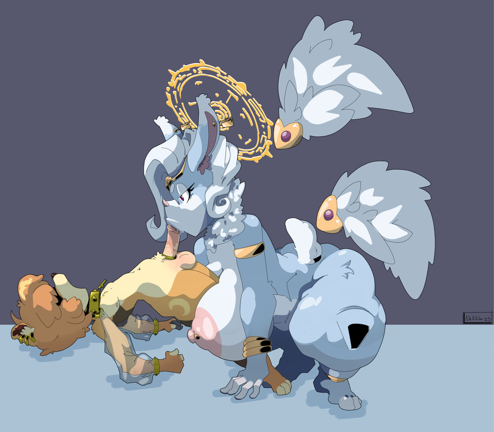 accessory all_fours anklet anthro areola armlet balls big_areola big_breasts black_nose bodily_fluids bracelet breasts brown_body brown_hair circlet cock_ring collar countershade_face countershade_torso countershading cross duo ear_piercing ear_ring fellatio female floating_wings genitals grey_body hair hair_over_eyes harem_outfit huge_areola huge_breasts humanoid_genitalia humanoid_penis interspecies jewelry jewelry_only larger_female looking_pleasured male male/female multicolored_body neck_tuft nipple_piercing nipples open_mouth oral penile penis penis_accessory penis_jewelry piercing pink_nose ring_piercing saliva saliva_on_penis scut_tail sex short_tail side_view simple_background size_difference smaller_male tail tan_body tan_countershading thick_thighs tuft two_tone_body unusual_anatomy unusual_wings white_body white_countershading white_hair wings nanuna felid feline lagomorph leporid mammal rabbit 2025 hi_res