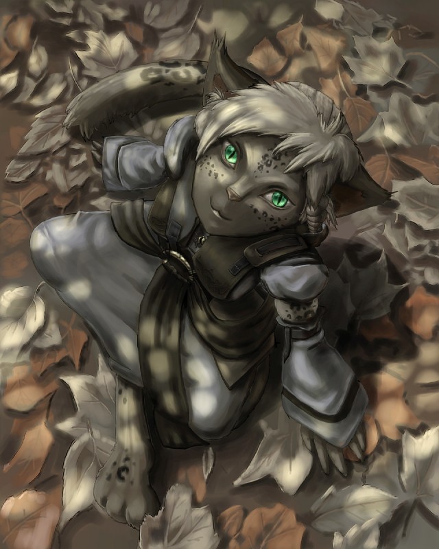 anthro autumn biped bird's-eye_view female green_eyes high-angle_view leaf sitting solo cutesune ayala felid mammal pantherine snow_leopard 4:5 detailed hi_res restricted_palette