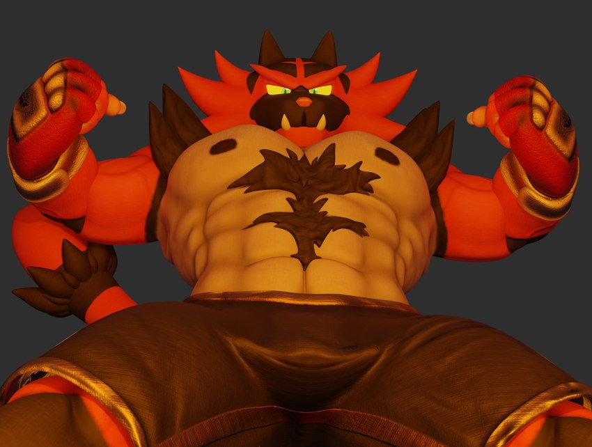 anthro barazoku biceps black_body body_hair bottomwear bulge chest_tuft clothed clothing facial_tuft flexing fur fuzzy green_eyes happy_trail male muscular muscular_anthro muscular_male pupils seductive shorts simple_background smile solo tuft anaroth nintendo pokemon felid feline generation_7_pokemon incineroar mammal pokemon_(species) 3d_(artwork) digital_media_(artwork)