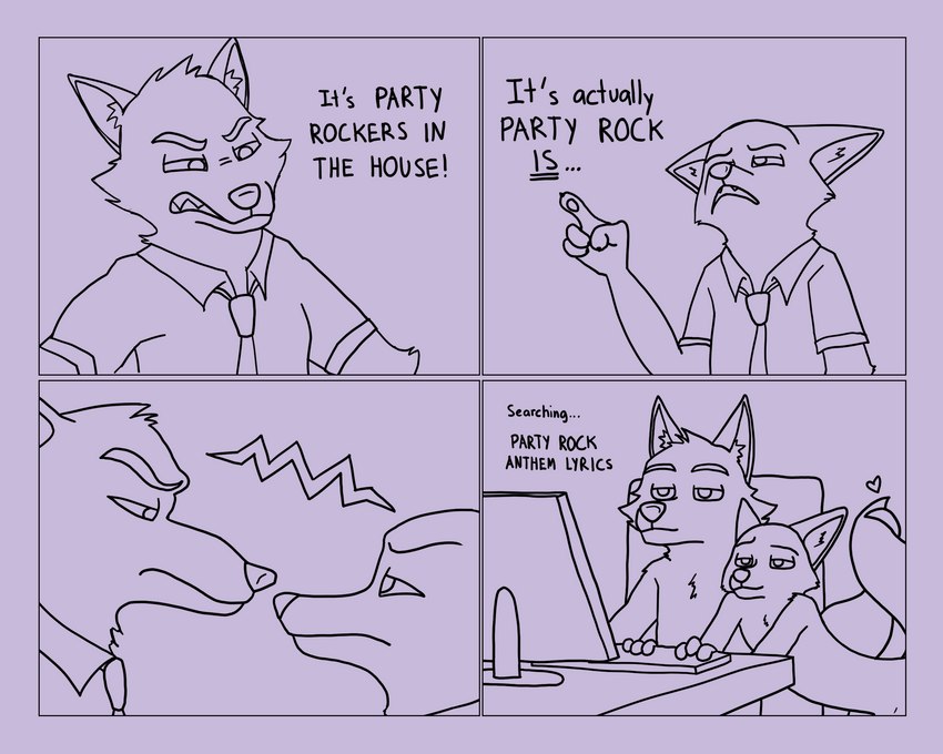 anthro argument border casual_nudity clothed clothing computer dialogue duo electronics entwined_tails heart_symbol humor keyboard male male/male nude purple_border romantic romantic_couple simple_background tail tail_coil text topless kodigozoot disney dreamworks party_rockers the_bad_guys zootopia mr._wolf_(the_bad_guys) nick_wilde canid canine canis fox mammal red_fox true_fox wolf 5:4 english_text hi_res meme