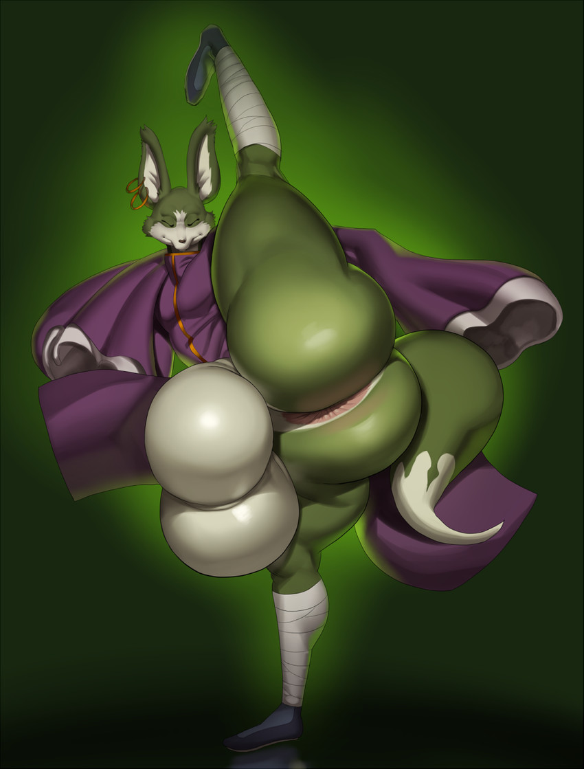 anthro anus balls big_anus big_balls big_butt bubble_butt butt clothing ear_piercing ear_ring femboy genitals huge_balls huge_butt male piercing ring_piercing solo thick_thighs wide_hips justmegabenewell dragon_ball dragon_ball_super majora_(dragon_ball) canid canine fox mammal hi_res