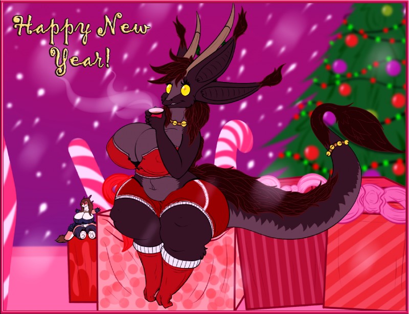 anthro bell belly big_belly black_body black_fur bottomwear breasts brown_hair christmas_tree cleavage clothed clothing collar crossgender curvy_figure detailed_background female fur gift hair holidays horn jingle_bell legwear mature_anthro mature_female multi_ear nipple_outline non-mammal_breasts overweight overweight_anthro overweight_female plant plushie shorts snow solo stockings tail thick_thighs tree voluptuous wide_hips yellow_eyes mirroidal christmas mythology miss_l sairlan_(mirroidal) dragon furred_dragon furred_scalie mirroid mythological_creature mythological_scalie scalie 2016 digital_media_(artwork)