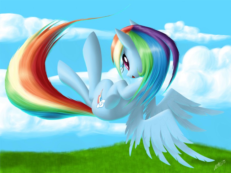 blue_body blue_feathers blue_fur cloud cutie_mark feathered_wings feathers female feral flying fur grass hair looking_at_viewer multicolored_hair multicolored_tail outside plant purple_eyes rainbow_hair rainbow_tail sky solo tail wings zigword friendship_is_magic hasbro my_little_pony mythology rainbow_dash_(mlp) equid equine mammal mythological_creature mythological_equine pegasus 2013