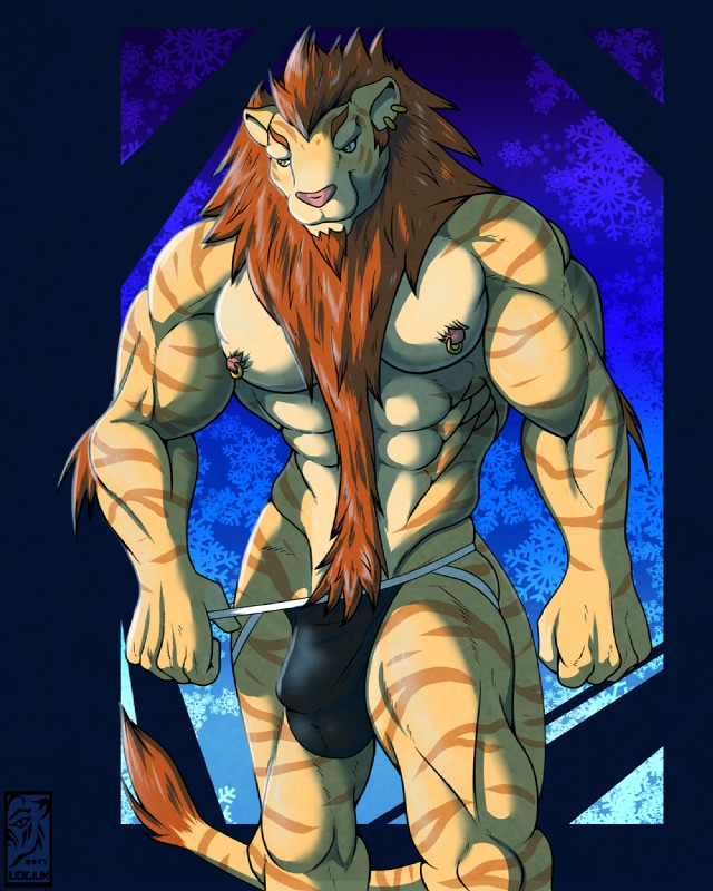 abs anthro body_hair bulge clothed clothing happy_trail jockstrap male mane muscular muscular_anthro muscular_male nipple_piercing nipples pecs piercing pose ring simple_background skimpy solo tail topless underwear iudicium86 grant_(musclesnstripes) felid hybrid liger lion mammal pantherine tiger 4:5 hi_res pinup