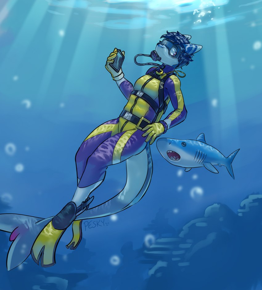 ambiguous_gender anthro diving diving_mask diving_suit fin mask non-mammal_ears non-mammal_hair regulator scuba scuba_diver scuba_gear solo underwater water wetsuit peskybatfish lorelei_(peskybatfish) fish mackerel_shark mako_shark marine shark white_shark hi_res