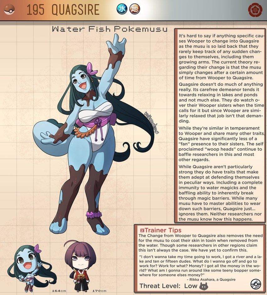 accessory anthro bow_ribbon clothing female flower green_hair grey_eyes hair hair_accessory hair_bow hair_ribbon male mud plant purple_hair purple_sash ribbons text kinkymation nintendo pokemon generation_2_pokemon human mammal pokemon_(species) quagsire english_text hi_res