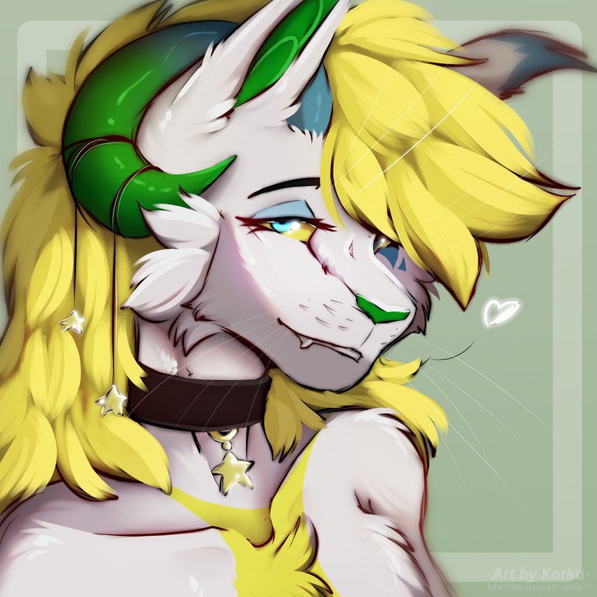 ambiguous_gender anthro blonde_hair blue_horn collar fur green_horn hair horn looking_at_viewer solo white_body white_fur yellow_body yellow_fur korka domestic_cat felid feline felis mammal 1:1 hi_res