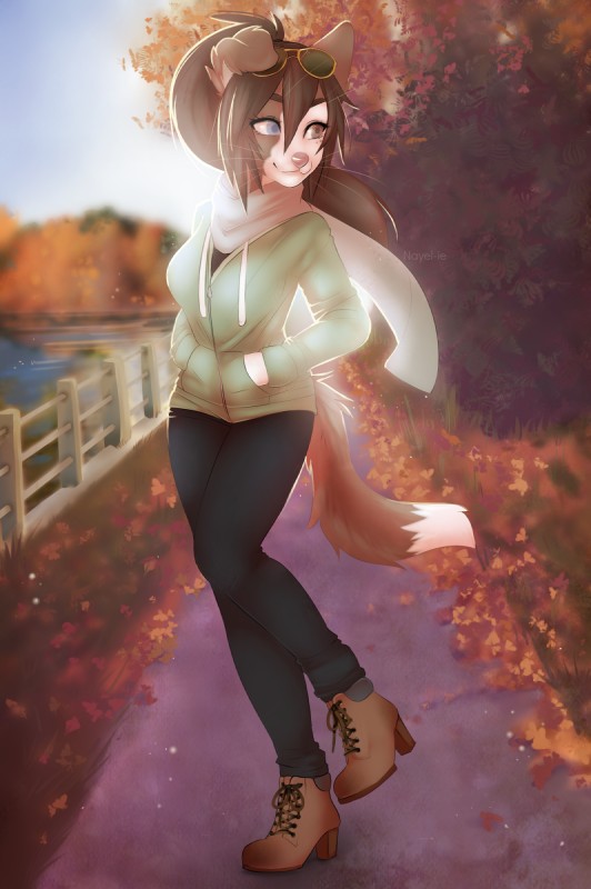 anthro brown_hair day detailed_background female hair heterochromia outside smile solo whiskers nayel-ie mammal 2017 digital_media_(artwork) hi_res