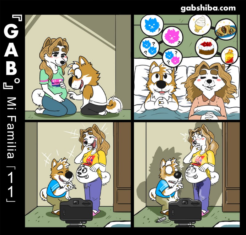 barefoot blonde_hair blush bodily_fluids bottomwear cake camera clothing dessert digit_ring drooling feet female food footwear hair ice_cream jewelry laugh male male/female nachos pants pregnant ring saliva shoes sleeping slippers sweatpants tacos tail tail_motion tailwag taking_picture text topwear vest wedding_ring gabshiba gab_(comic) gaby_shiba gao_shiba canid canine canis domestic_dog mammal shiba_inu spitz comic url