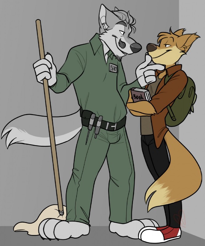 age_difference anthro bag book cleaning_tool duo eye_contact facial_hair goatee janitor looking_at_another male male/male mop mustache badmasteryoujerk sleazy_(wolfie) canid canine canis dingo mammal wolf hi_res