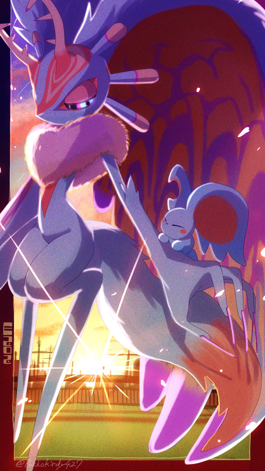 ambiguous_gender anthro antlers biped black_border black_sclera blush blush_stickers border carrying_another chest_tuft city city_background colored_nails countershading digitigrade dipstick_tail duo eyes_closed featureless_crotch feral fingernails floating fluffy fluffy_tail fur glistening glistening_body glistening_fur happy head_wings horn huge_wings levitation looking_at_another markings mouthless multicolored_body multicolored_eyes multicolored_fur nails narrowed_eyes neck_tuft notched_ear nude_anthro orange_body orange_fur outside outside_border pink_eyes pupils purple_fingernails purple_nails size_difference sun sunrise tail tail_markings tan_body tan_fur teal_body teal_eyes teal_fur tuft unusual_wing_placement wings pokkokirby427 kirby_(series) nintendo elfilin fecto_elfilis alien chinchilla chinchillid mammal rodent starling_(kirby) 2023 9:16 digital_drawing_(artwork) digital_media_(artwork) hi_res signature male_(lore)