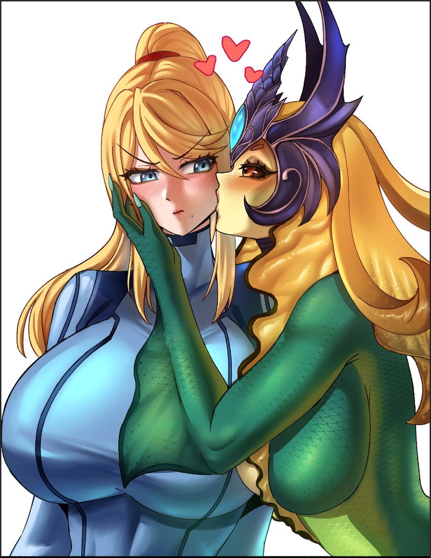 arm_fin big_breasts black_sclera blonde_hair blue_eyes blush bodysuit breasts clothed clothing crossover_ship crown duo female female/female fin frill_(anatomy) frown green_body green_skin hair hand_on_cheek hand_on_head head_crest head_fin head_frill headgear heart_symbol hearts_around_head huge_breasts kissing kissing_cheek long_hair long_nails markings membrane_(anatomy) membranous_frill mole_(marking) nails orange_eyes ponytail scales skinsuit split_form tight_clothing tsundere yellow_body yellow_skin zero_suit ryuukusnpaiart league_of_legends metroid nintendo riot_games tencent nami_(lol) samus_aran human humanoid mammal marine merfolk bust_portrait crossover hi_res portrait