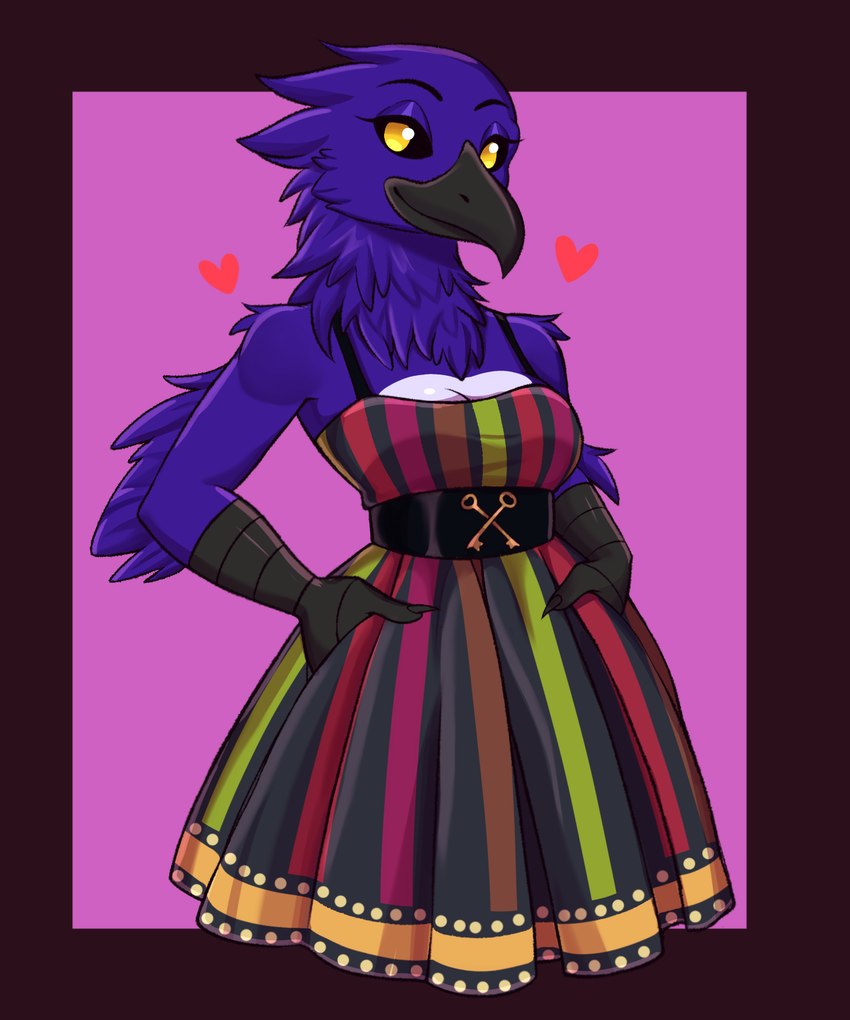 anthro clothing dress feet female hand_in_pocket key looking_at_viewer pockets solo talon_hands talons toes artkett1412 fuzz_(fuznud) avian bird corvid corvus_(genus) crow oscine passerine raven 5:6 hi_res