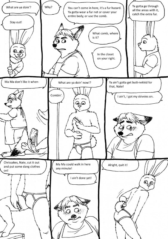 anthro blush brush brushing brushing_fur bulge comb_(brush) dialogue duo fur hairbrush holding_brush holding_comb holding_hairbrush holding_object male personal_grooming simple_background text bernielover disney zootopia gideon_grey nate_hopps canid canine fox lagomorph leporid mammal rabbit red_fox true_fox comic english_text hi_res monochrome