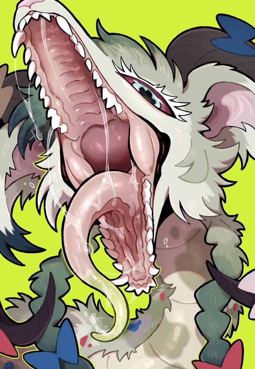 ambiguous_gender bodily_fluids fur green_background kemono mouth_shot open_mouth pink_insides pink_nose pink_tongue saliva sharp_teeth simple_background solo teeth tongue tongue_out upper_body tianhua mythology dragon furred_dragon furred_scalie mythological_creature mythological_scalie scalie hi_res