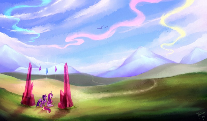 aurora_(phenomenon) cloud cutie_mark duo feathered_wings feathers female feral fur gate gem grass hair horn mountain multicolored_hair outside plant purple_body purple_fur purple_hair sitting sky standing two_tone_hair wings heilos friendship_is_magic hasbro my_little_pony mythology princess_cadance_(mlp) twilight_sparkle_(mlp) equid equine mammal mythological_creature mythological_equine winged_unicorn 2013