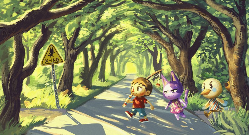 anthro beak clothing crossing_sign detailed_background footwear forest grass group hair half-closed_eyes male narrowed_eyes outside pedestrian_crossing_sign plant planted_sign road road_sign sign sign_graphic signpost traffic_sign tree trio knockabiller animal_crossing nintendo bob_(animal_crossing) twiggy_(animal_crossing) villager_(animal_crossing) anatid anseriform avian bird domestic_cat duck felid feline felis human mammal 2018 hi_res