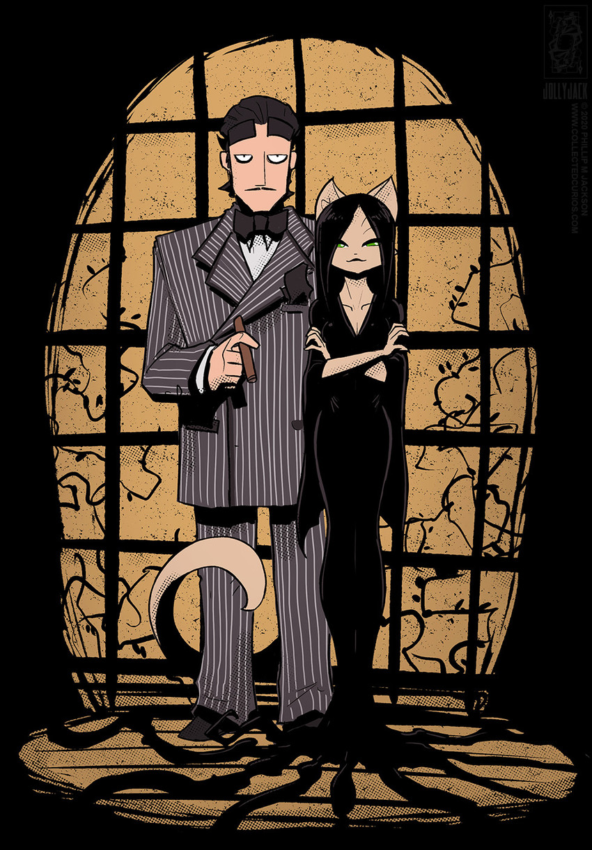 anthro black_eyes black_hair bow_tie breasts brown_hair cigar cleavage clothed clothing cosplay dress duo female fully_clothed fur green_eyes hair male suit tan_body tan_fur window conditional_dnp jollyjack sequential_art the_addams_family arthur_mathews gomez_addams kat_vance morticia_addams domestic_cat felid feline felis human mammal 2020 hi_res