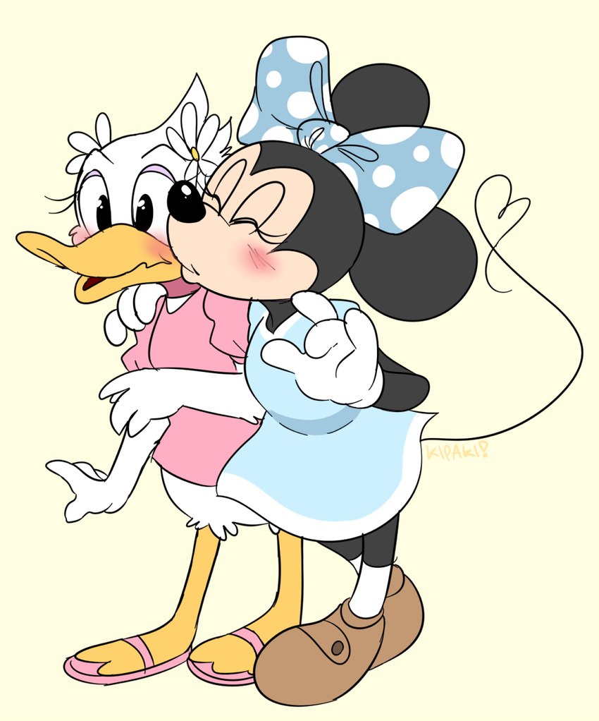 accessory anthro black_body blush border bow_ribbon clothed clothing duo female gloves hair_accessory hair_bow hair_ribbon handwear kissing ribbons white_body yellow_border kipaki disney daisy_duck minnie_mouse anatid anseriform avian bird duck mammal mouse murid murine rodent hi_res