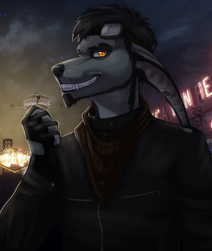 anthro black_hair clothed clothing collar eyewear fangs fur goggles grey_body grey_fur hair half-closed_eyes looking_at_viewer male narrowed_eyes outside smile solo teeth hastogs jeffrey_burke canid canine canis domestic_dog hunting_dog irish_wolfhound mammal sighthound hi_res