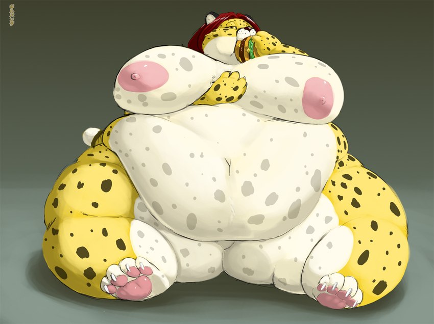 anthro big_breasts biped breasts burger eating female food huge_thighs hyper hyper_thighs morbidly_obese morbidly_obese_anthro morbidly_obese_female nipples nude obese obese_anthro obese_female overweight overweight_anthro overweight_female sitting solo spots thick_thighs gillpanda felid leopard mammal pantherine artist_name