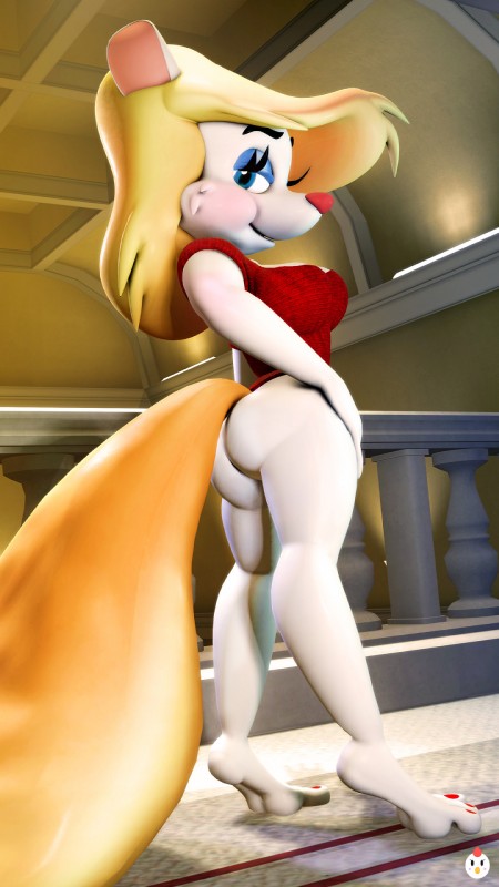 anthro blush bottomless breasts butt cleavage clothed clothing female smile solo hentype animaniacs warner_brothers minerva_mink mammal mink mustelid musteline true_musteline 3d_(artwork) 9:16 digital_media_(artwork) hi_res source_filmmaker_(artwork)