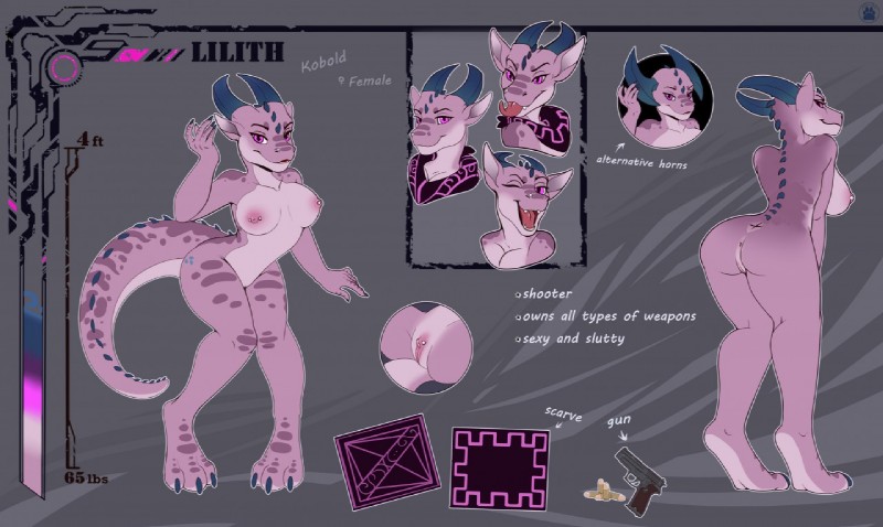 anthro anus breasts butt claws female genitals gun horn looking_at_viewer non-mammal_breasts nude piercing presenting presenting_anus presenting_pussy pussy ranged_weapon smile solo standing tail text weapon alduinred lilith_(bluethegryphon) kobold scalie digital_media_(artwork) english_text