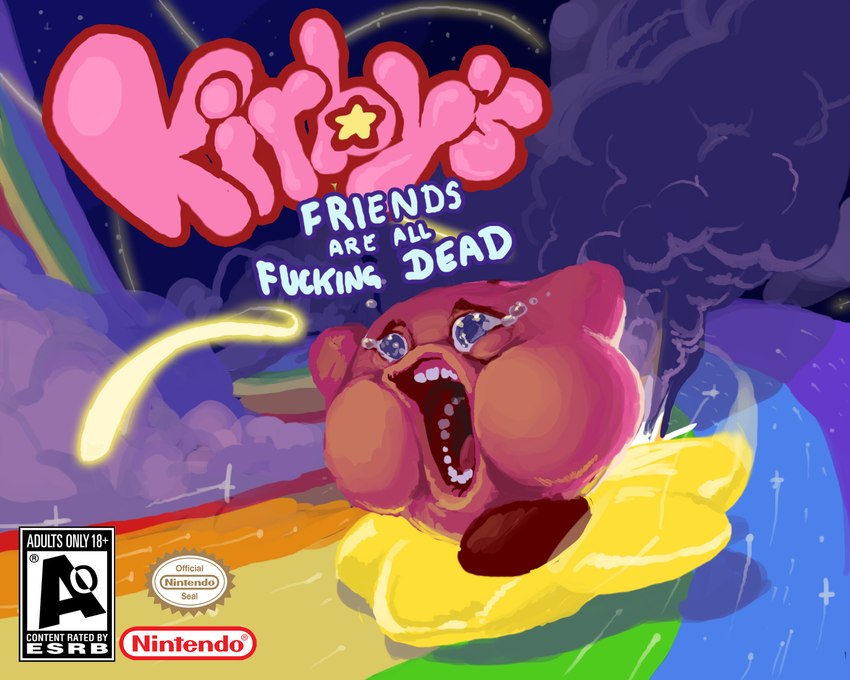 blue_eyes bodily_fluids cloud crying humor logo magic male nintendo_logo nintendo_seal not_furry open_mouth parody profanity rainbow smoke solo star tears teeth text warp_star sirartwork esrb kirby_(series) nintendo super_smash_bros. super_smash_bros._ultimate kirby alien waddling_head 2018 5:4 cover digital_media_(artwork) english_text hi_res meme redraw video_game_cover