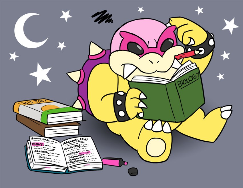 anthro book claws eyewear male pencil_(object) simple_background sitting solo sunglasses text toe_claws lennydrawsthings mario_bros nintendo koopaling roy_koopa koopa scalie english_text