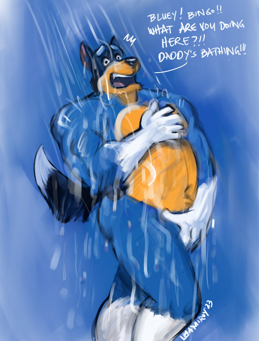 anthro bathing belly biceps biped blue_body blue_fur butt covering covering_crotch covering_self dialogue eyebrows fur male musclegut muscular muscular_anthro muscular_male navel nude open_mouth showering solo speech_bubble standing tail teeth text tongue walk-in water wet yellow_body yellow_fur alexyorim bluey_(series) bandit_heeler australian_cattle_dog canid canine canis cattledog domestic_dog herding_dog mammal pastoral_dog 2023 digital_media_(artwork) english_text hi_res