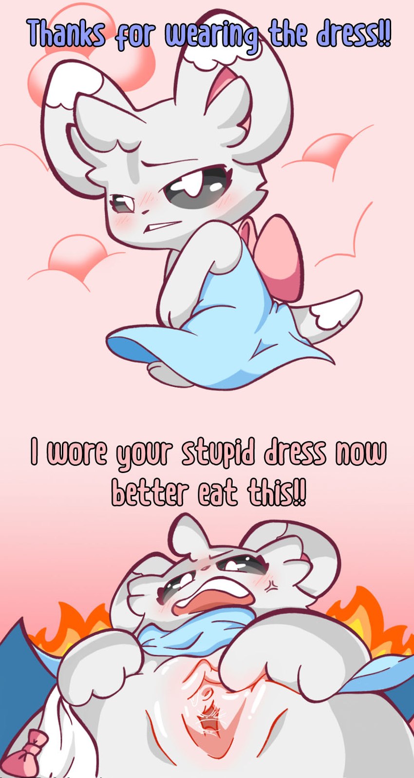 angry blue_clothing blue_dress blush blush_lines bodily_fluids bow_ribbon clothed clothed_feral clothing clothing_lift cross-popping_vein dialogue dress dress_lift female feral fire fire_background fur genital_fluids genitals grey_body grey_fur holding_clothing holding_object holding_panties holding_underwear looking_at_viewer looking_down looking_down_at_viewer open_mouth panties partially_clothed pink_bow presenting presenting_pussy pussy shy simple_background solo spread_pussy spreading standing tail talking_to_viewer teeth text underwear vaginal_fluids lucky_luxio nintendo pokemon fan_character karma_(lucky_luxio) generation_5_pokemon minccino pokemon_(species) 2024 colored digital_drawing_(artwork) digital_media_(artwork) english_text hi_res shaded