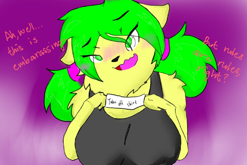 anthro blush breasts clothing dialogue female fur nervous solo text canisfidelis chichi canid canine mammal 3:2 digital_media_(artwork) english_text