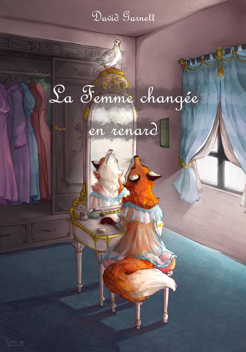 after_transformation bedroom clothed clothed_feral clothing curtains dress female feral fingers fur furniture inside looking_up makeup mirror orange_body orange_fur perfume reflection sitting solo table text translucent translucent_clothing victorian wardrobe whiskers wife window bloomellaa lady_into_fox avian bird canid canine fox mammal 2018 absurd_res cover cover_art digital_media_(artwork) french_text hi_res