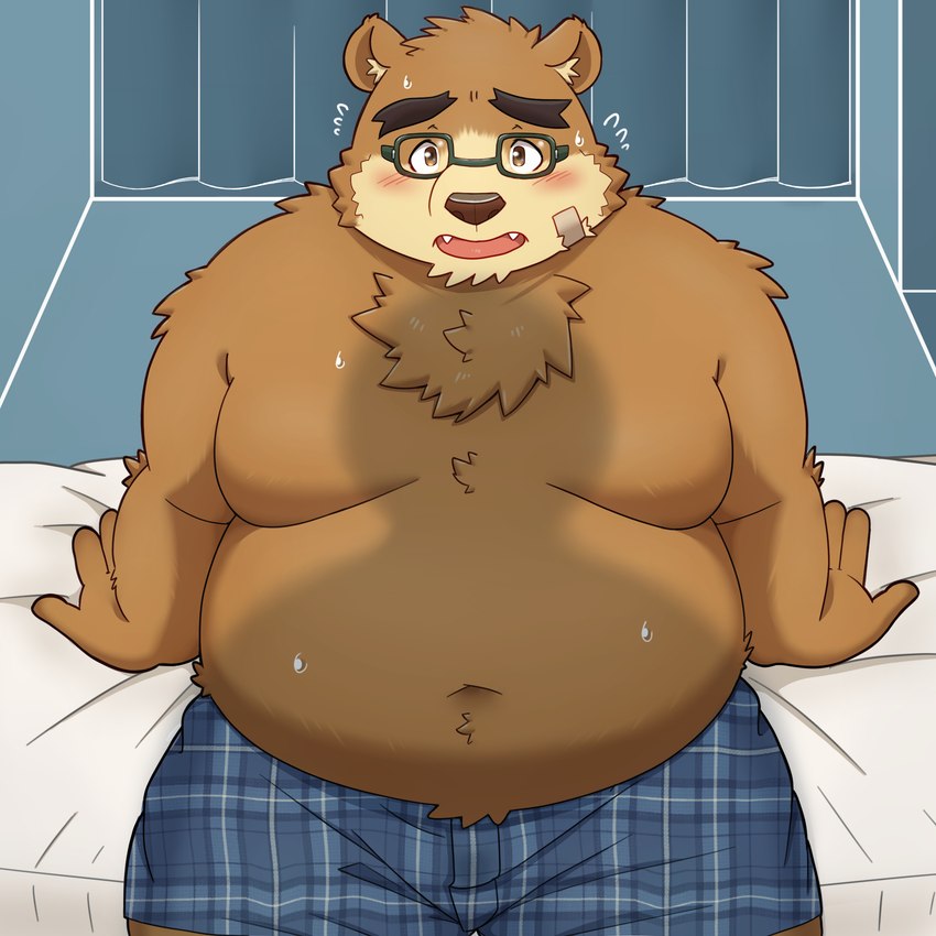 anthro band-aid bandage bed belly big_belly blush brown_body brown_fur clothing eyewear fur furniture glasses kemono male moobs navel offscreen_character overweight overweight_male shadow silhouette solo underwear yaki_atsuage lifewonders tokyo_afterschool_summoners volos_(tas) bear mammal 1:1 2023 hi_res