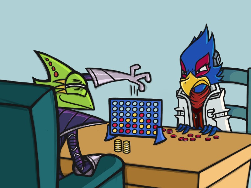 angry anthro clothing duo male smile askstarwolf connect_four nintendo star_fox falco_lombardi leon_powalski avian bird chameleon flap-necked_chameleon lizard reptile scalie 4:3 absurd_res hi_res