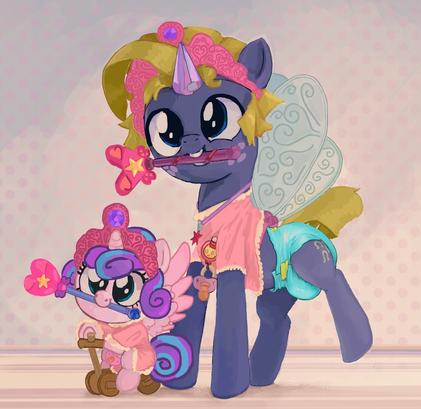 clothed clothing crossdressing crossplay crown diaper dress duo female feral headgear horn magic_wand male mouth_hold pacifier smile starcrossed tiara toddler_car toy wings young young_female young_feral asdfasfasda friendship_is_magic hasbro my_little_pony mythology flurry_heart_(mlp) star_tracker_(mlp) earth_pony equid equine horse mammal mythological_creature mythological_equine pony winged_unicorn hi_res