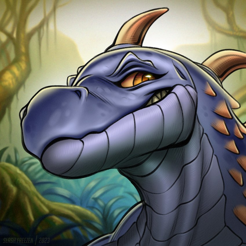 anthro blue_body brown_eyes brown_horn front_view grass grey_body grey_scales grin horn looking_at_viewer male multicolored_eyes narrowed_eyes nude orange_eyes orange_sclera outside plant pupils scales slit_pupils smile solo tree two_tone_eyes slash_freezen joe_(toaocj) alligatorid caiman crocodilian reptile scalie 1:1 2023 bust_portrait dated portrait