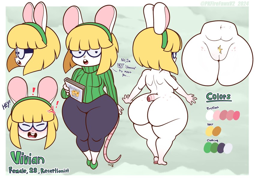 anthro big_butt biped blonde_hair blush book breasts butt clothed clothing dialogue eyewear female genitals glasses hair huge_butt looking_at_viewer nude open_mouth pubes pussy simple_background solo standing text thick_thighs wearing_glasses white_body pkfirefawx mammal mouse murid murine rodent absurd_res hi_res