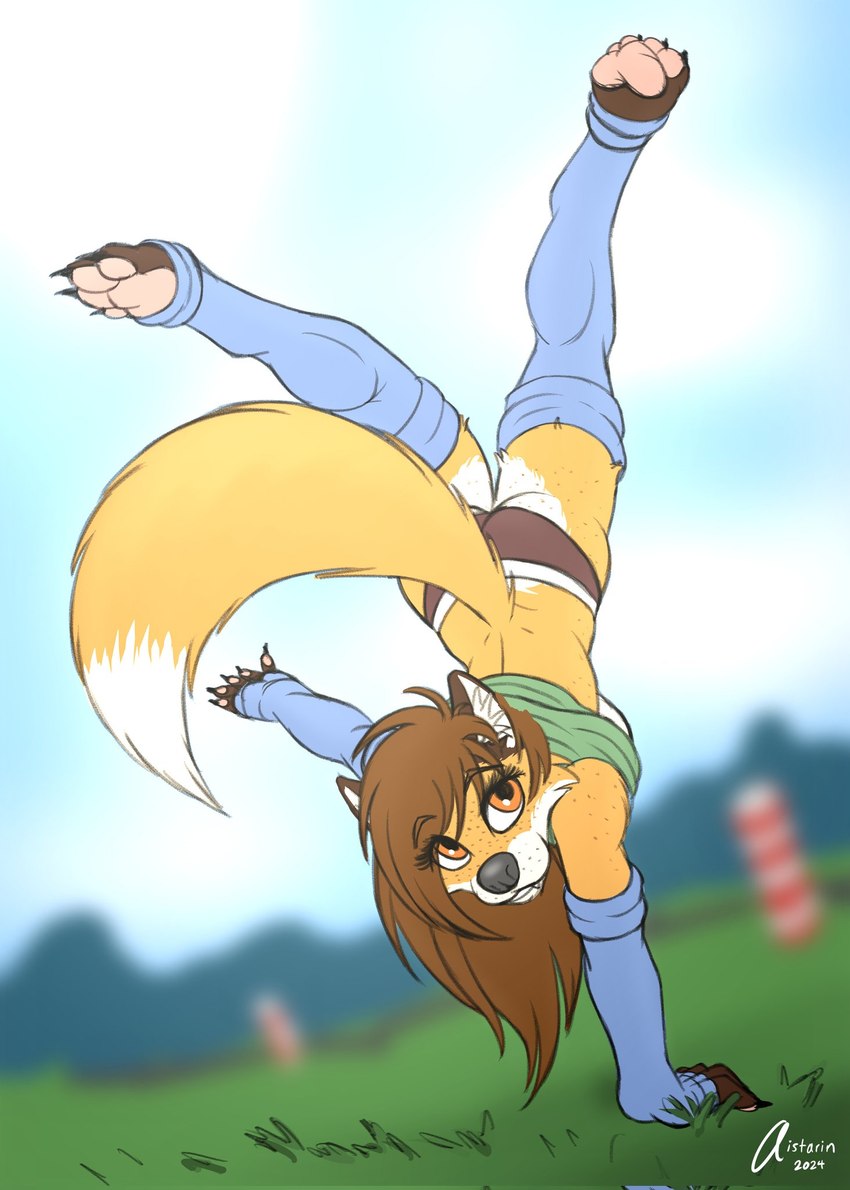 anthro balancing_on_one_hand blue_clothing blue_footwear blue_socks breasts butt cartwheel clothing female footwear freckled_butt freckles happy pawpads poem_in_description side_boob socks solo wardrobe_malfunction aistarin jodi_(aistarin) canid canine fox mammal hi_res