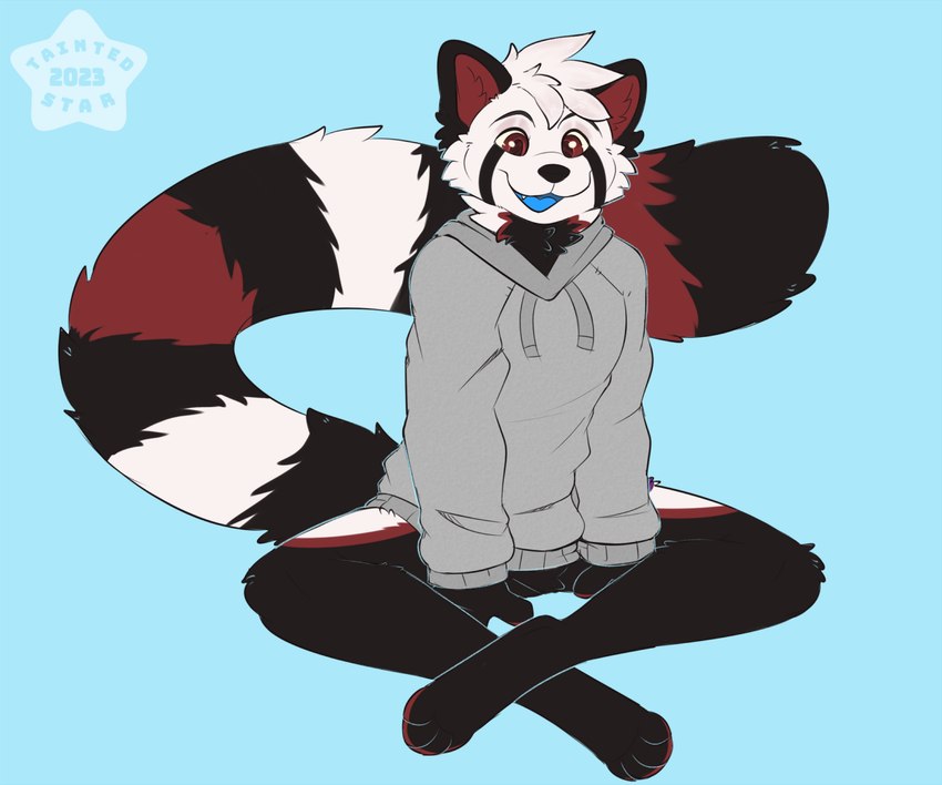 anthro biped black_body black_fur black_nose blue_mouth blue_tongue bottomless clothed clothing crossed_legs fur hoodie hoodie_only male open_mouth red_body red_fur sitting solo tail tongue topwear topwear_only white_body white_fur taintedstar ester_(theoneester) ailurid mammal red_panda